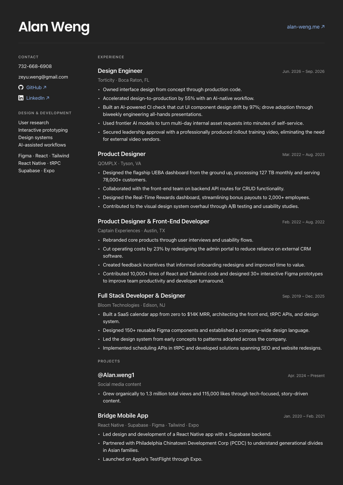 Alan Weng’s résumé