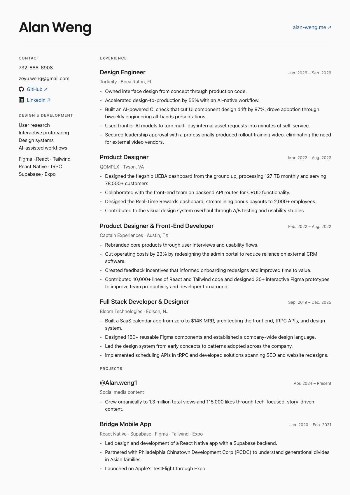 Alan Weng’s résumé